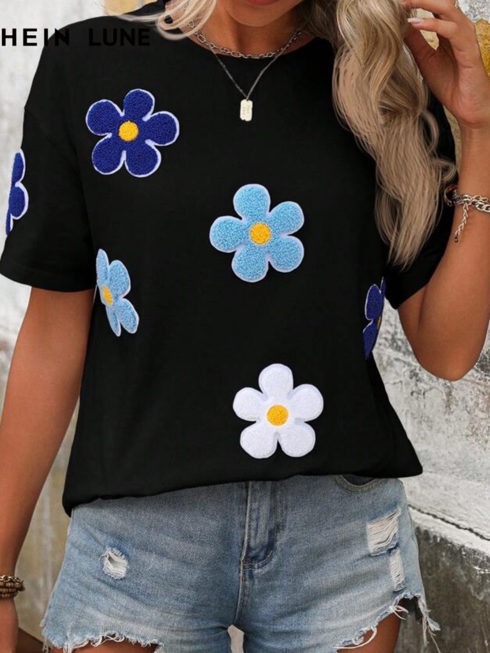 SHEIN Black Short Sleeve Tee with Blue & White Floral Appliques